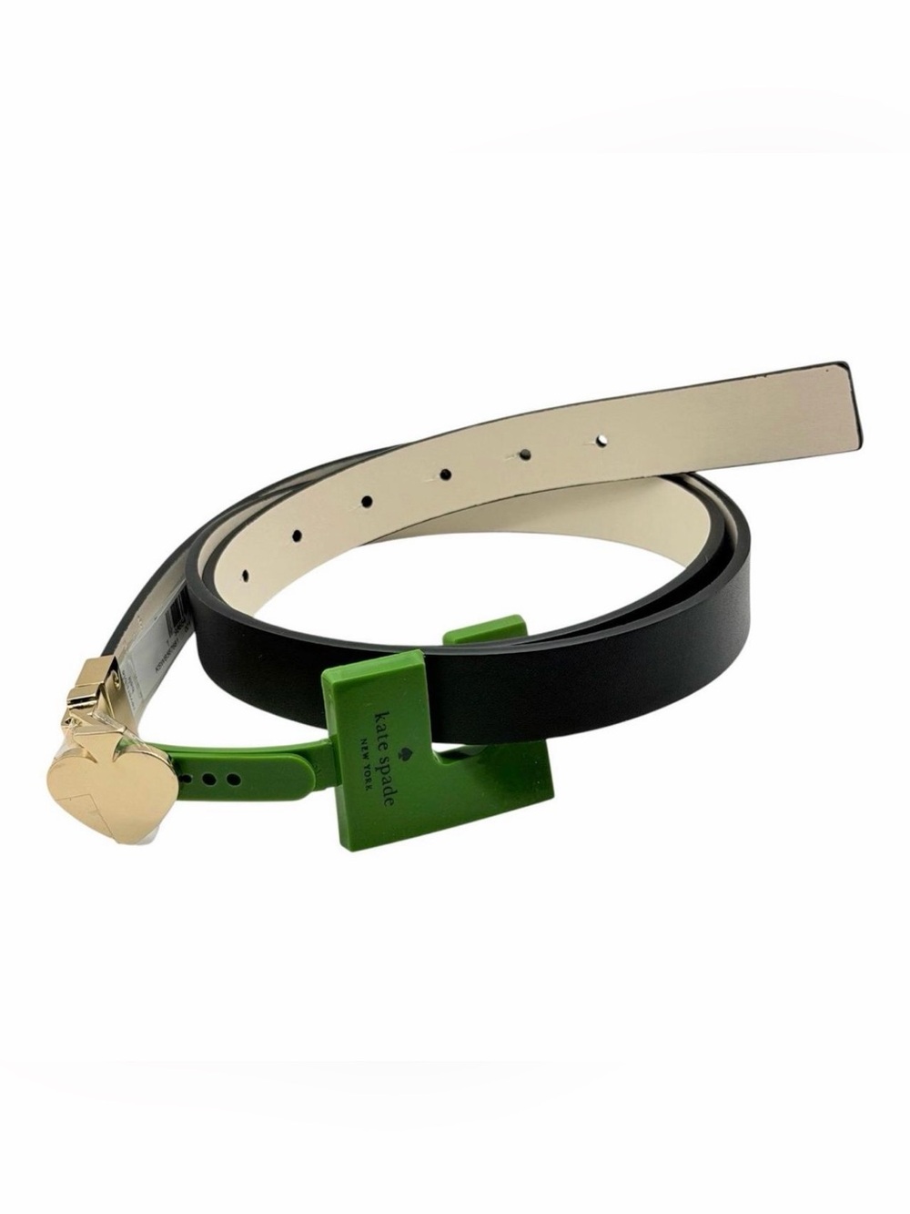 kate spade Black Leather Belt with Green Accent and Gold Heart Buckle